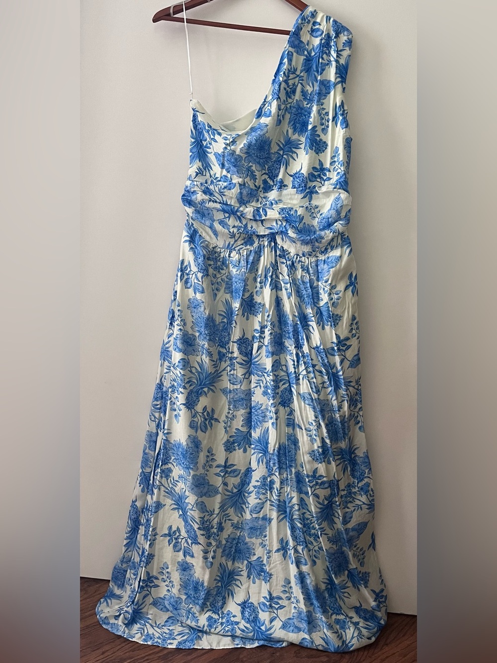 One-Shoulder Blue and White Floral Dress; New w/o Tags